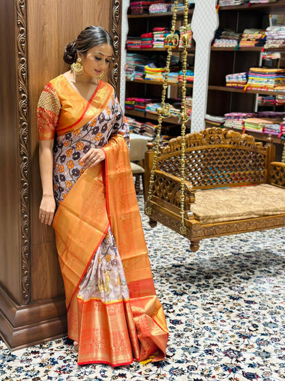 Pratibha Soft Banarasi Silk Kalamkari Block Print Designer Party Wear Saree