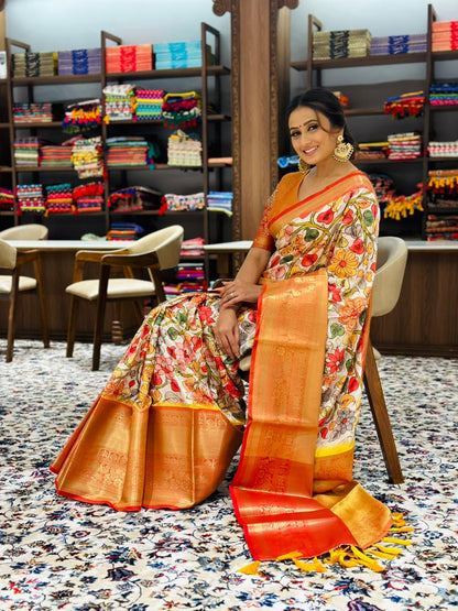 Pratibha Soft Banarasi Silk Kalamkari Block Print Designer Party Wear Saree