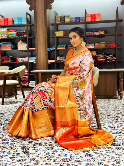 Pratibha Soft Banarasi Silk Kalamkari Block Print Designer Party Wear Saree