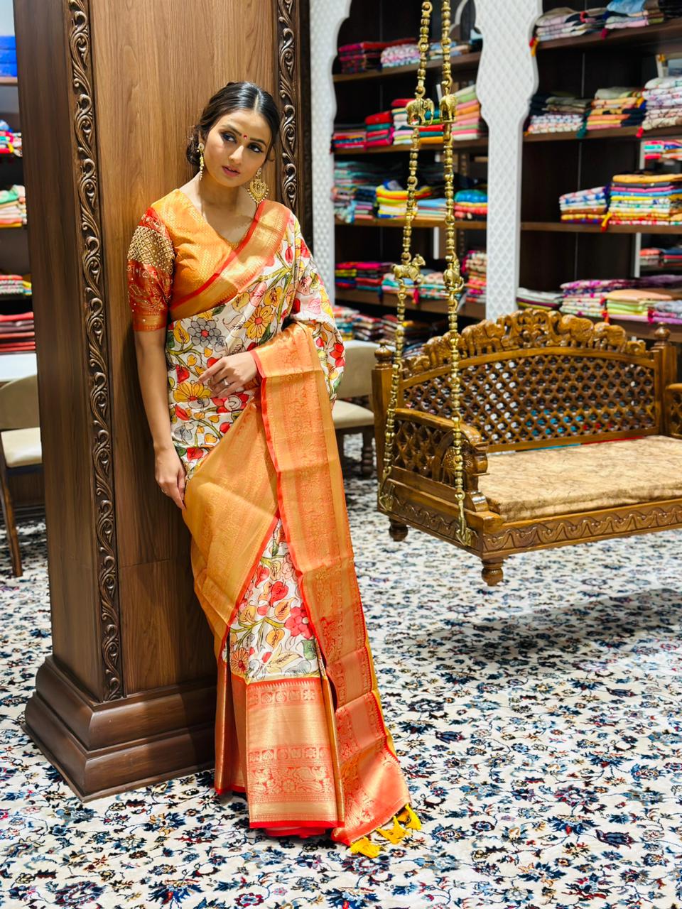 Pratibha Soft Banarasi Silk Kalamkari Block Print Designer Party Wear Saree