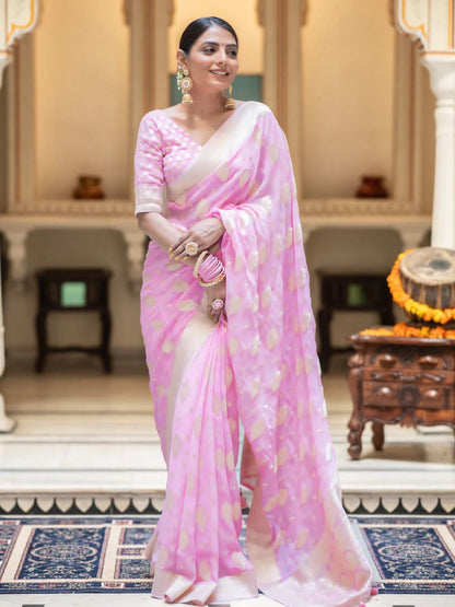 Exquisite Banarasi Khadi Dola Saree with Jacquard Weaving and Rich Pallu